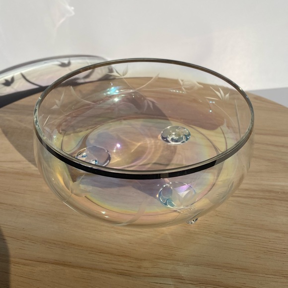 Vintage Candy Dish Etched Flowers Silver Rim Luminescent Carnival Glass Pink - Picture 5 of 6